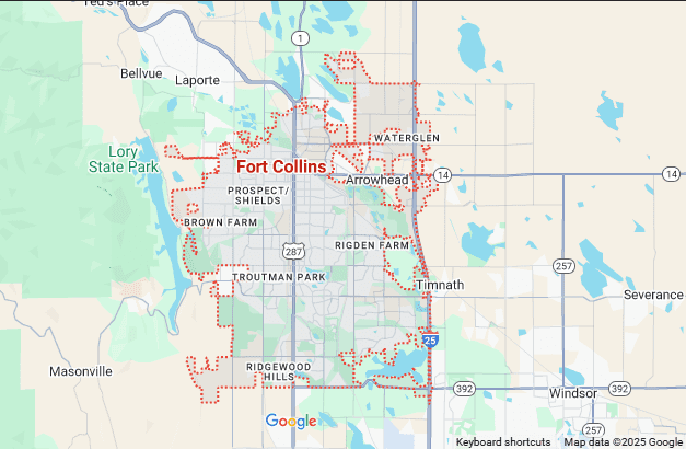 Fort Collins service area map for All Circuits Electrical